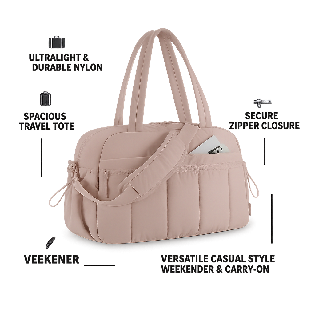 Pink travel tote bag with features listed on a white background